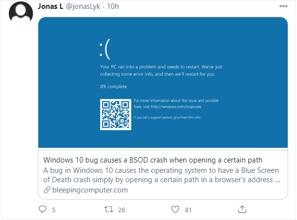 Bug proclaimed in Windows 10 that generates Blue Screen Crash