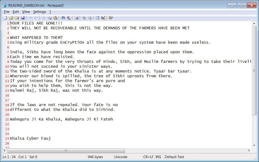 New Updated Ransomware Supports Indian Farmer’s Protest!
