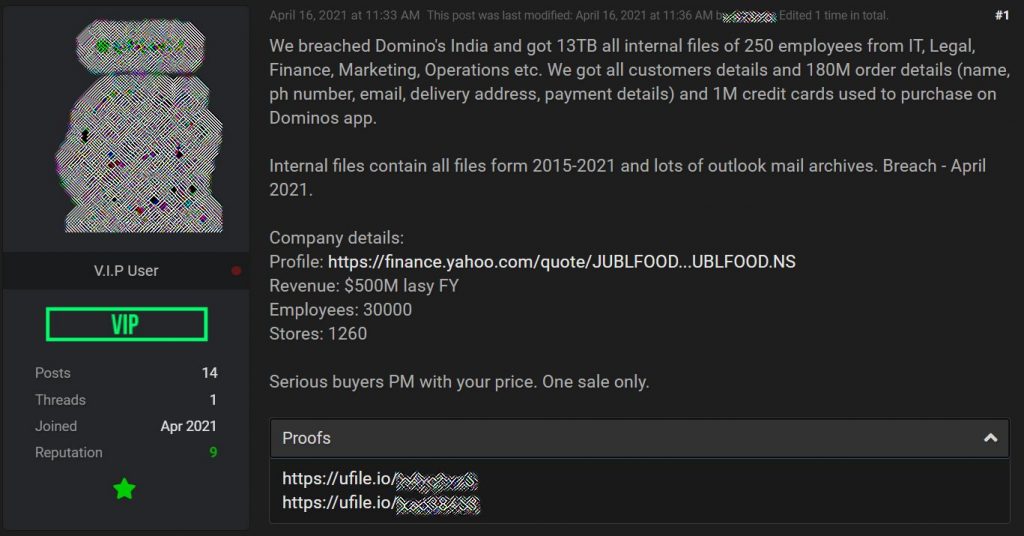 [Alert] Attackers Start Selling Data Online that is Associated with Domino’s India!