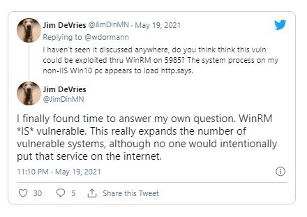 WinRM server are also affected by the Wormable Windows HTTP susceptibility