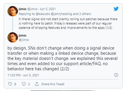 Why Signal app safety numbers do not always change?